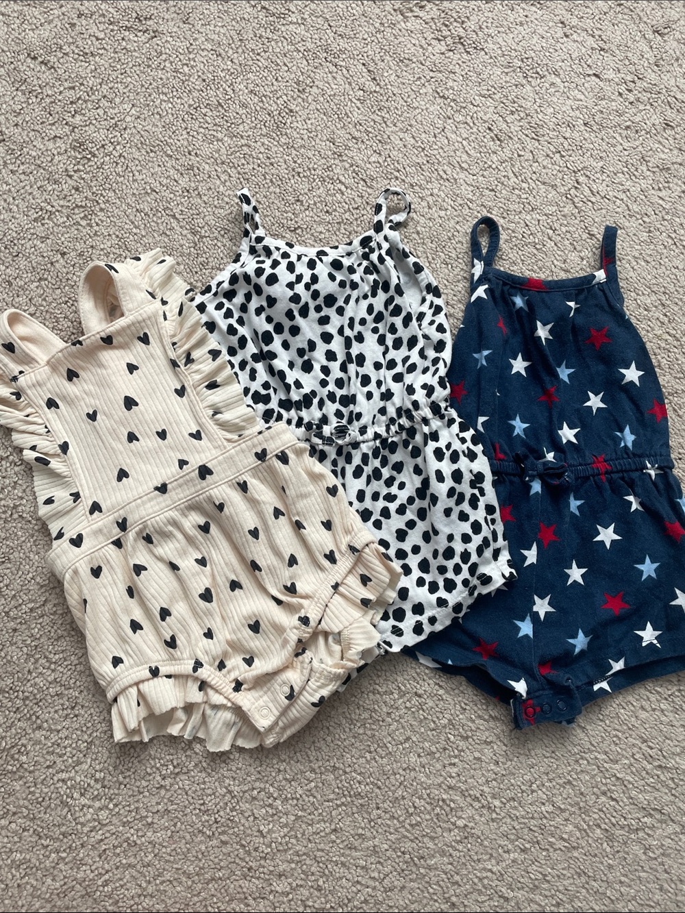 3-Pack Baby Girl Rompers | Hearts, Dalmatian & Star Prints